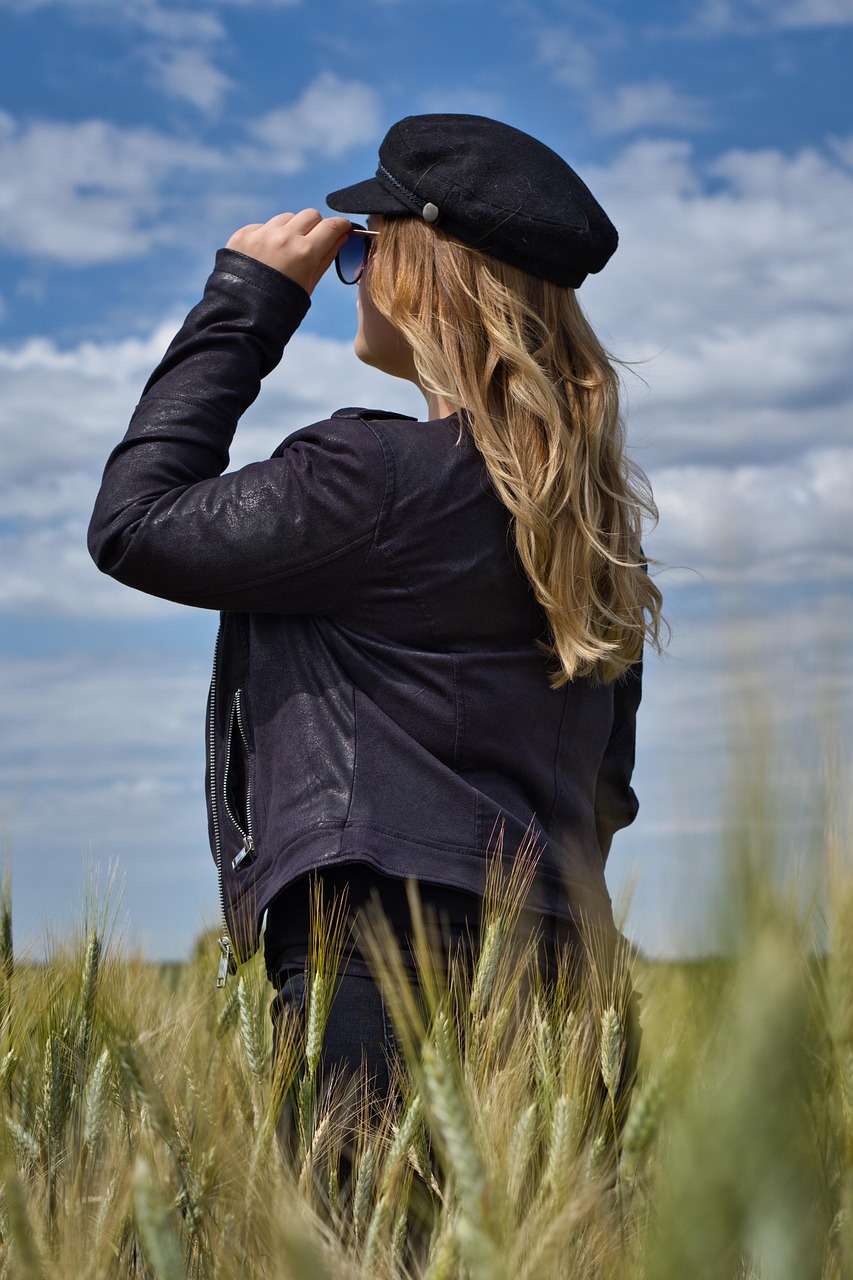 woman, wheat field, young woman, human, hair, leather jacket, hairstyle, balayage, field, summer, wheat, nature, young, beauty, person, sun, sunny, heaven, landscape, cap, clouds, modern, model, blond